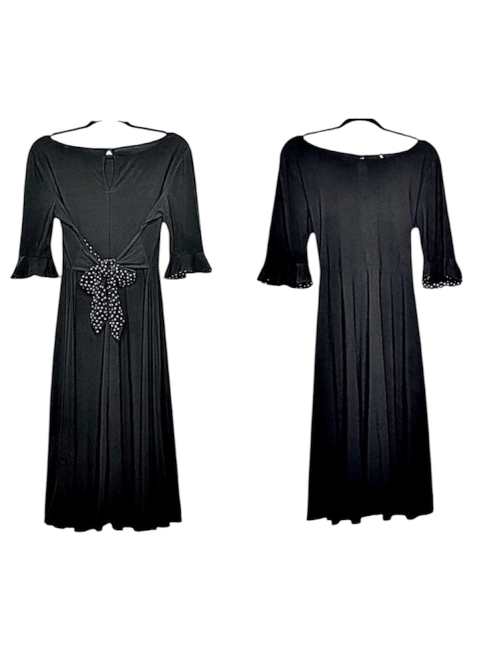 Chetta B Dress Black with White Polka Dot Accents Tie Waist Half Sleeve